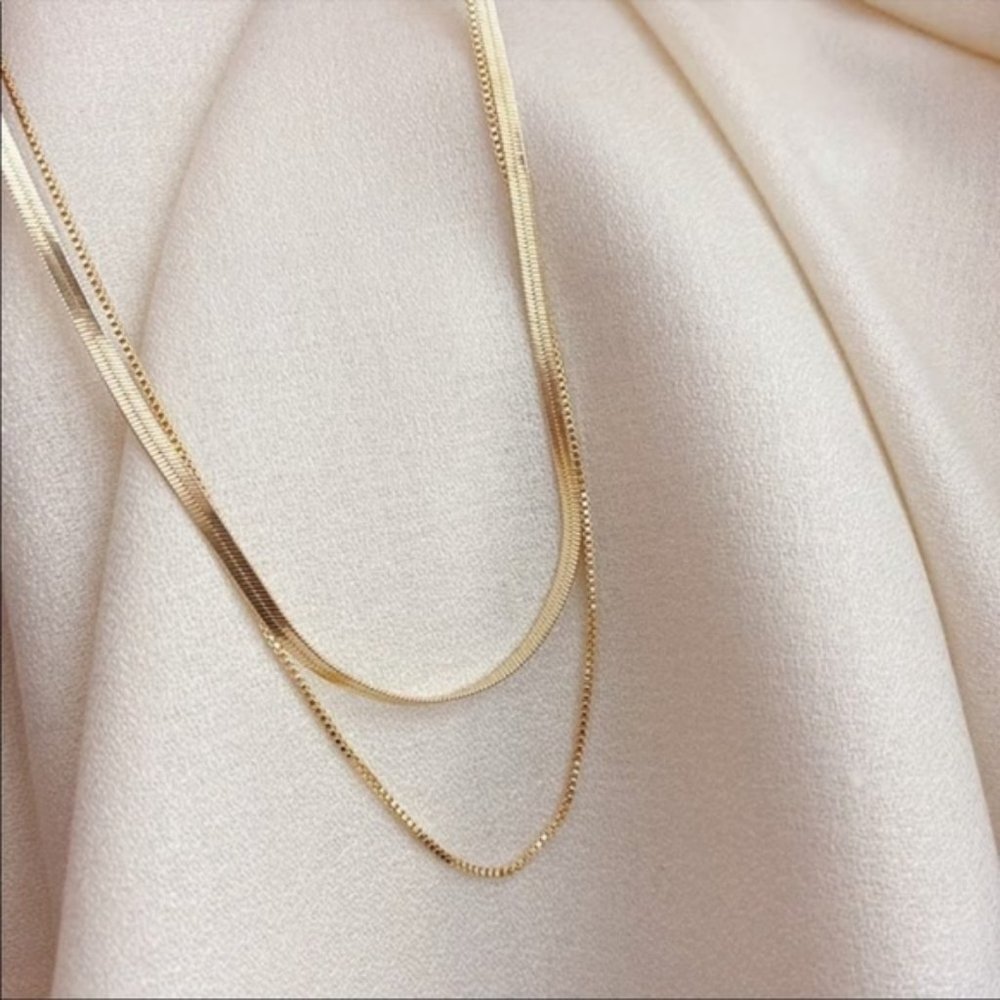 New Gold Plated Double Layer Flat Herringbone Thin Snake Chain Layered Necklace - Picture 2 of 6